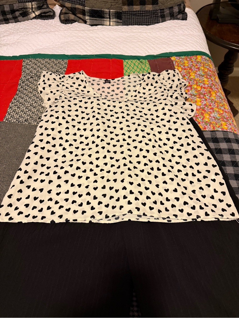 SHEIN White Blouse with Black Heart Print and Flutter Sleeves